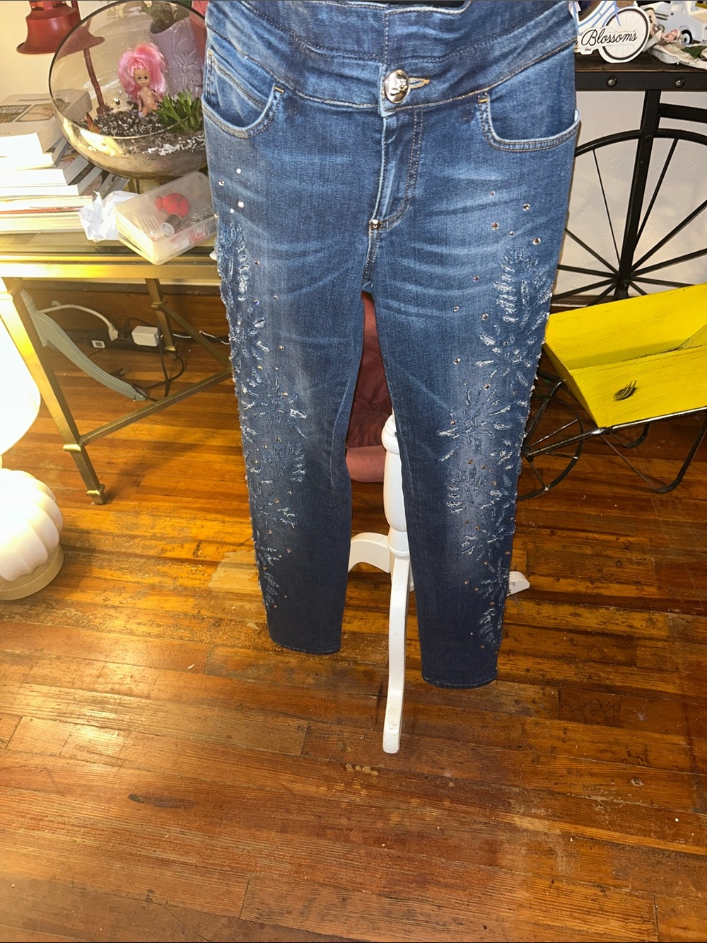 Philipp Plein Blue Distressed Skinny Jeans with Stud Accents